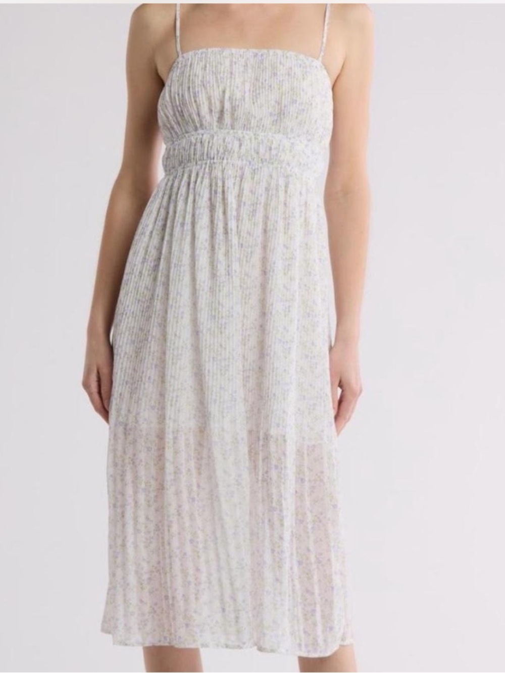 Lush White Lavender Floral Pleated Midi Dress Smocked Empire Waist Small